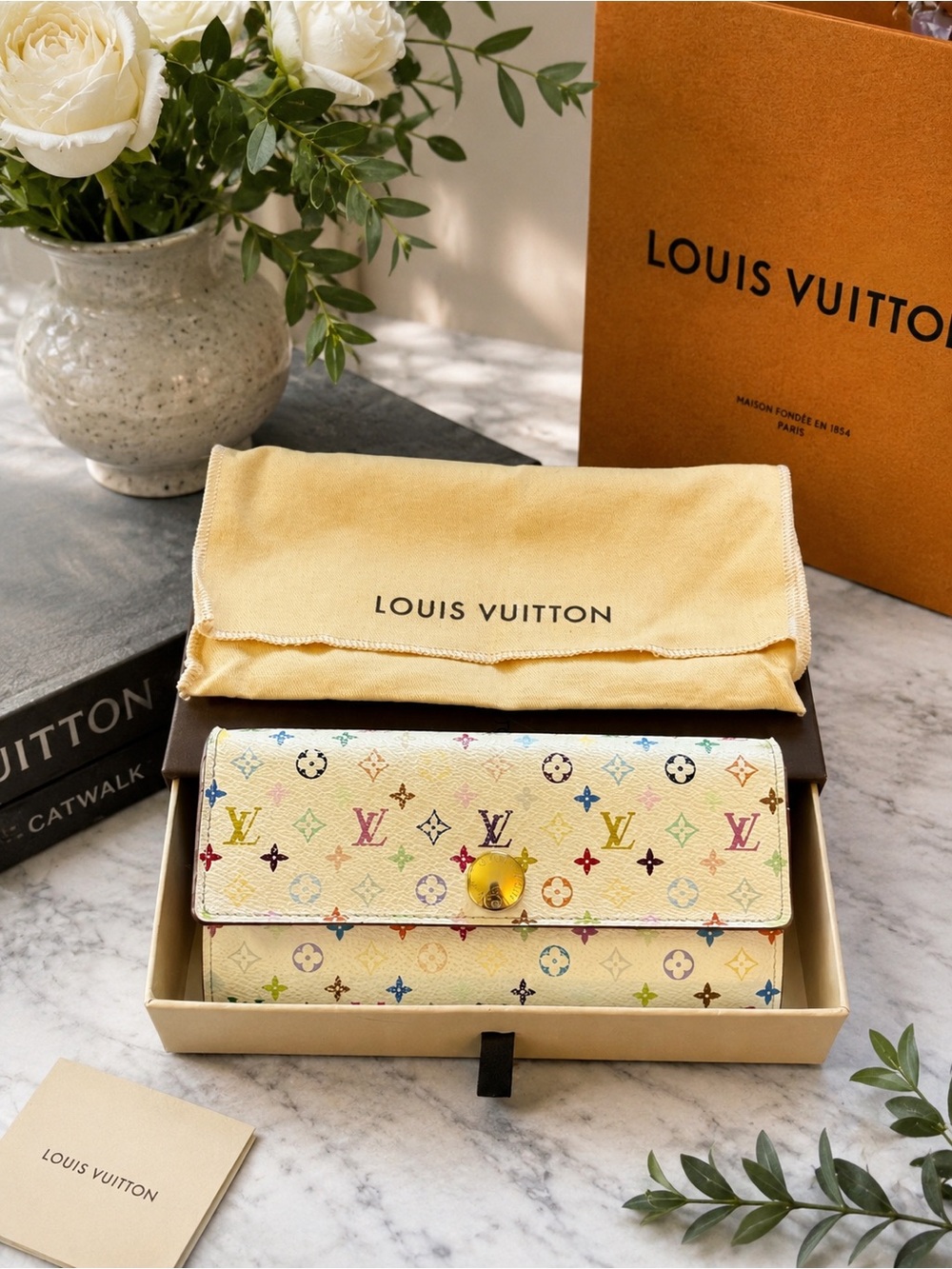 Vintage Louis Vuitton Multicolor Monogram Sarah Wallet Pink Interior Full Set